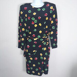 Vtg Bill Blass Silk Colorful Abstract Print Sheath Dress 10 Art to Wear Artsy